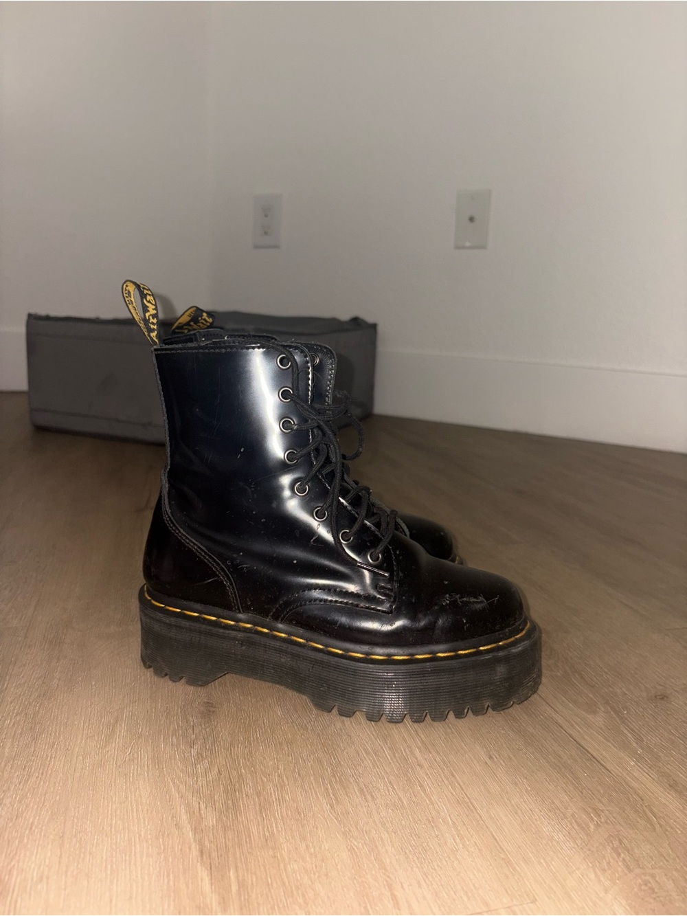 Dr. Martens Black Lace-Up Platform Boots with Yellow Stitching